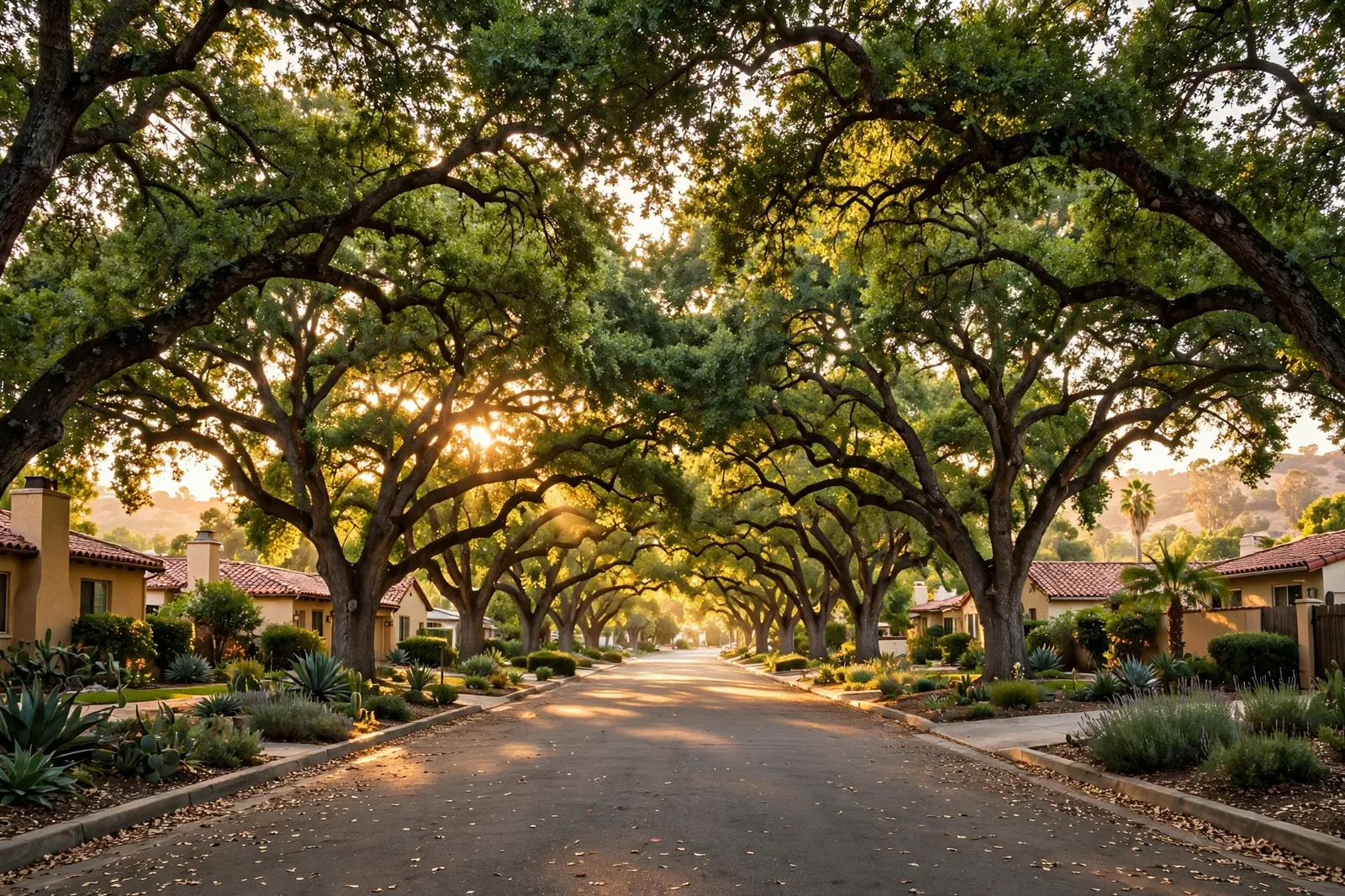 Mature oak canopy over a leafy residential street