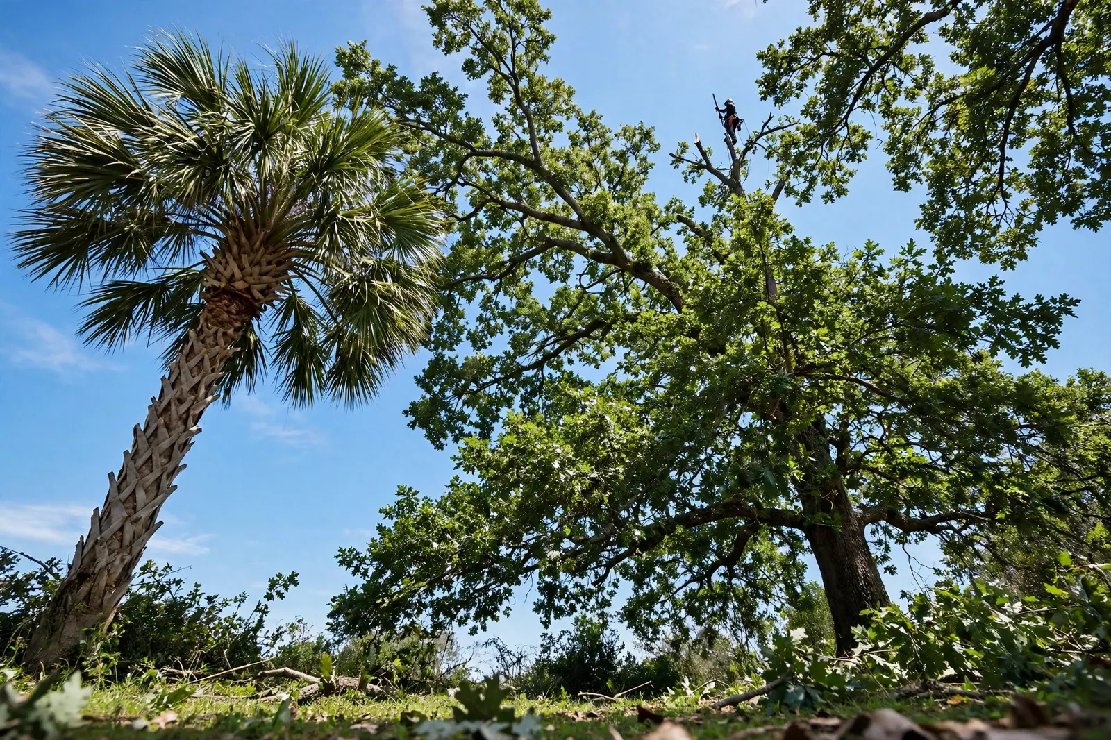 Tree trimming from ground level, canopy against a bright sky